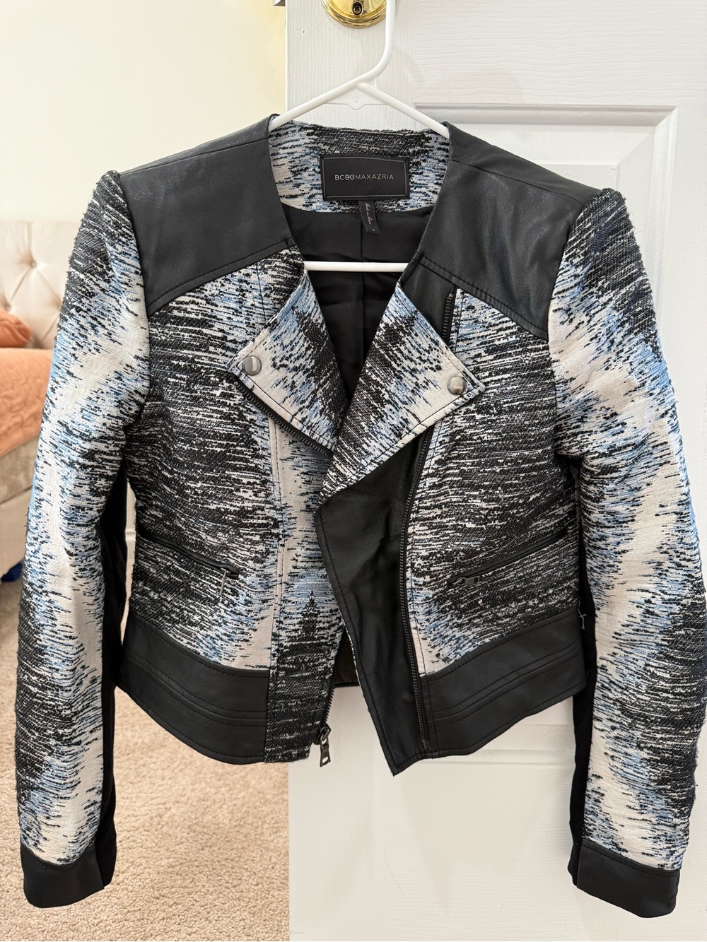 BCBGMaxAzria Black, Blue & White Textured Moto Jacket